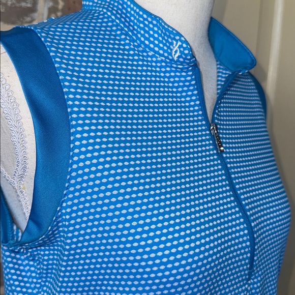 Lopez Delux Dri Blue Dots Sleeveless Golf Polo Top Rhinestone Zipper Pull Sz M - Picture 8 of 15
